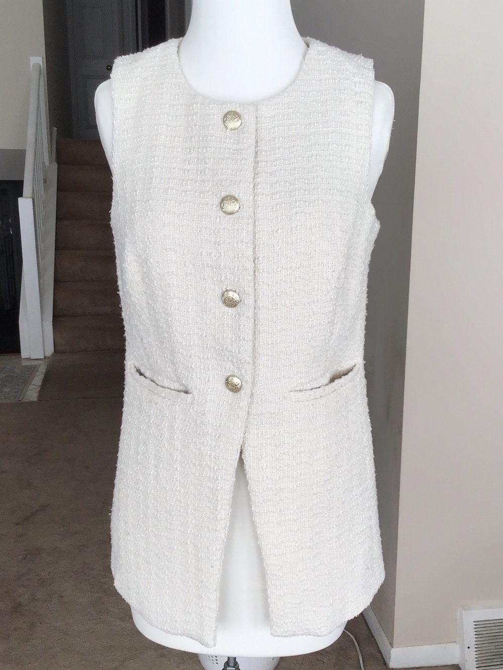 Marled Cream Bouclé Sleeveless Vest with Gold Buttons